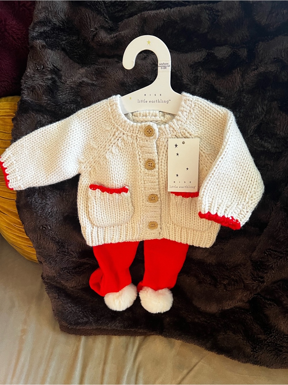 Little Earthling Cream Knit Baby Cardigan with Red Pants